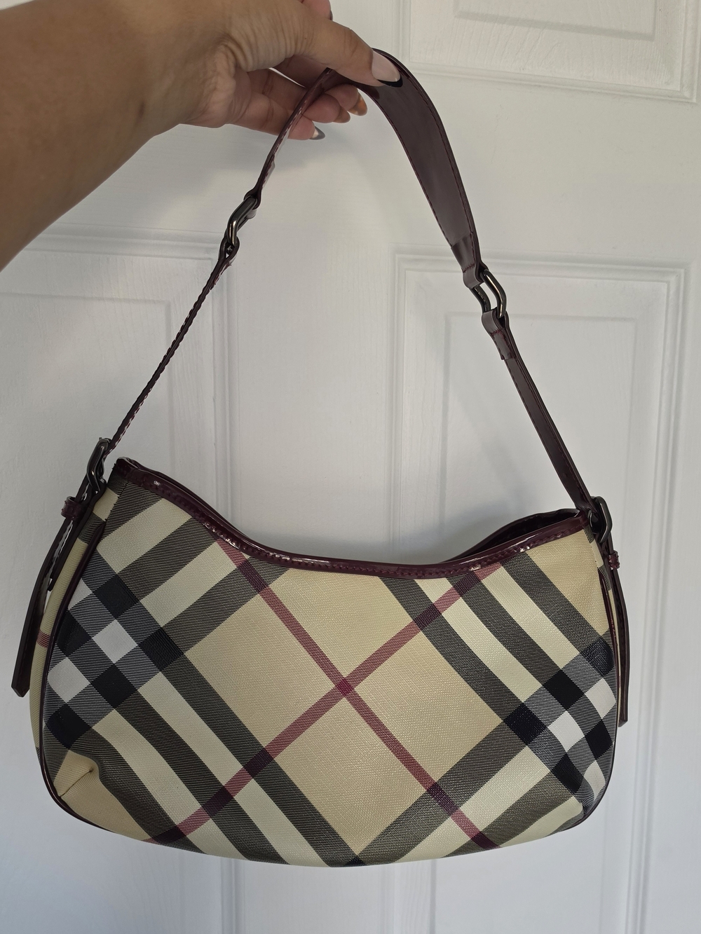 Burberry Shoulder Bag With Burgandy Patent Leather Trim-Almost Brand New
